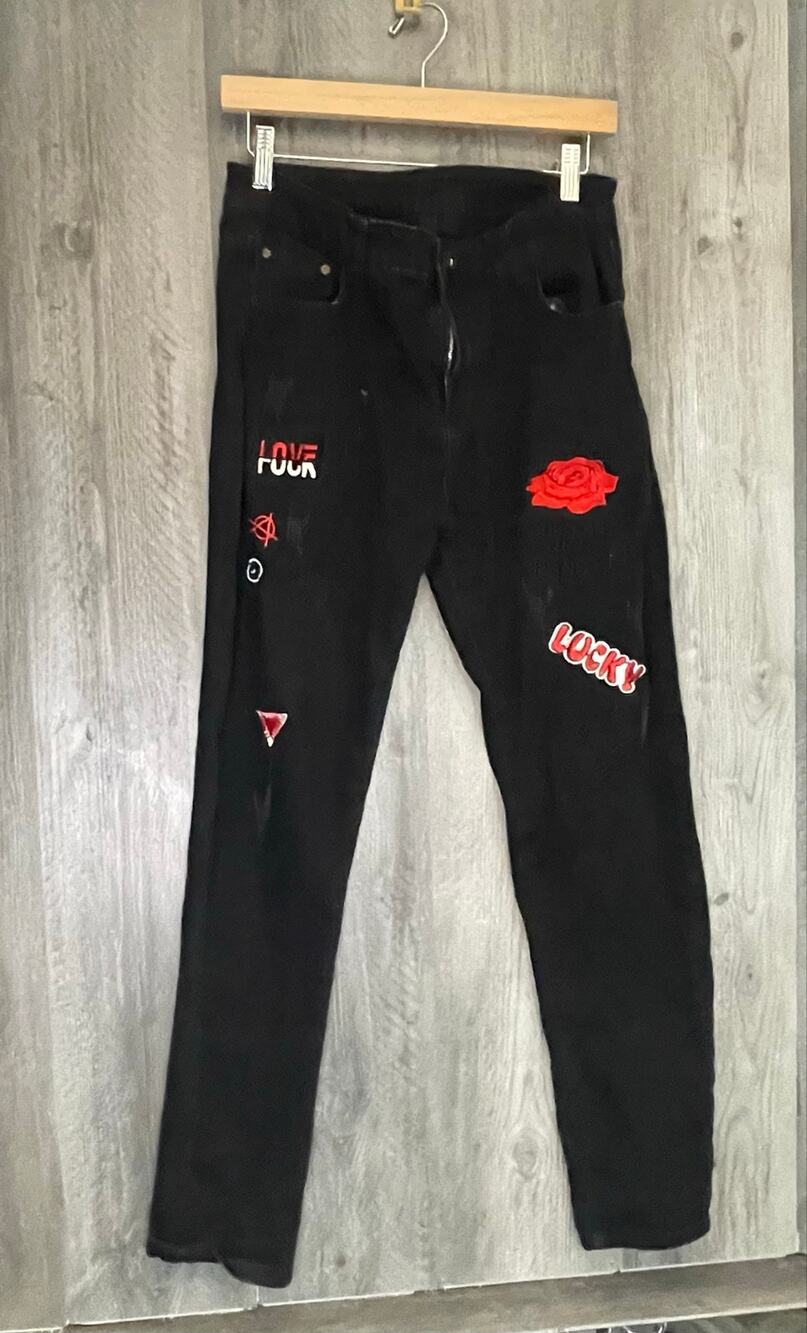 Fashion Denim Mens Jeans Size 30 Black Embroidered Rose Lucky Graphic Streetwear